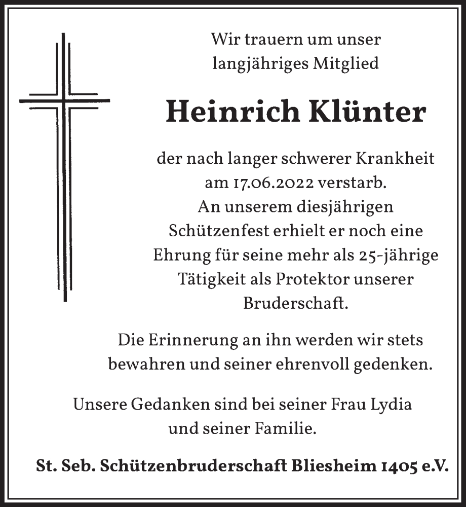  Traueranzeige für Heinrich Klünter vom 24.06.2022 aus  Werbepost 