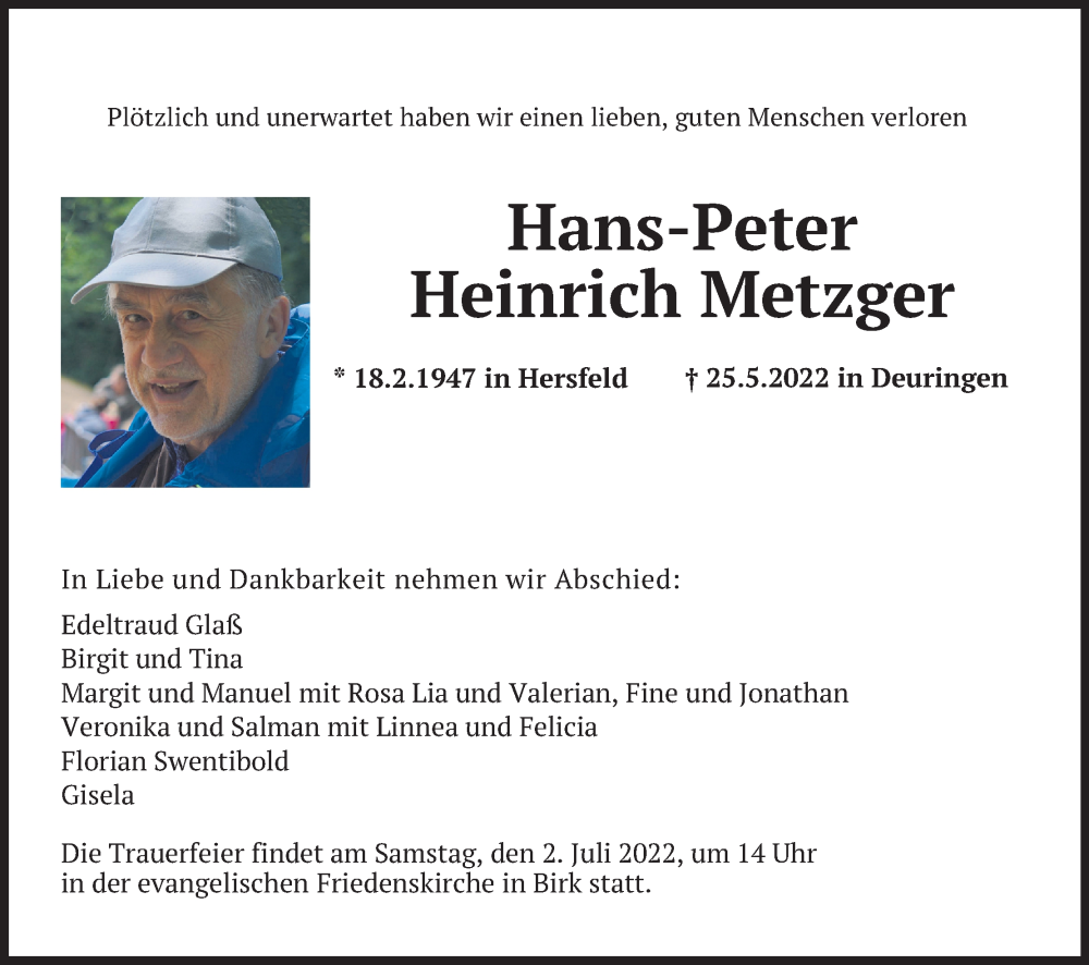  Traueranzeige für Hans-Peter Heinrich Metzger vom 28.06.2022 aus Kölner Stadt-Anzeiger / Kölnische Rundschau / Express
