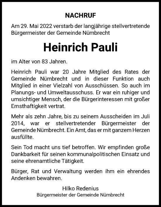 Anzeige von Heinrich Pauli von Kölner Stadt-Anzeiger / Kölnische Rundschau / Express