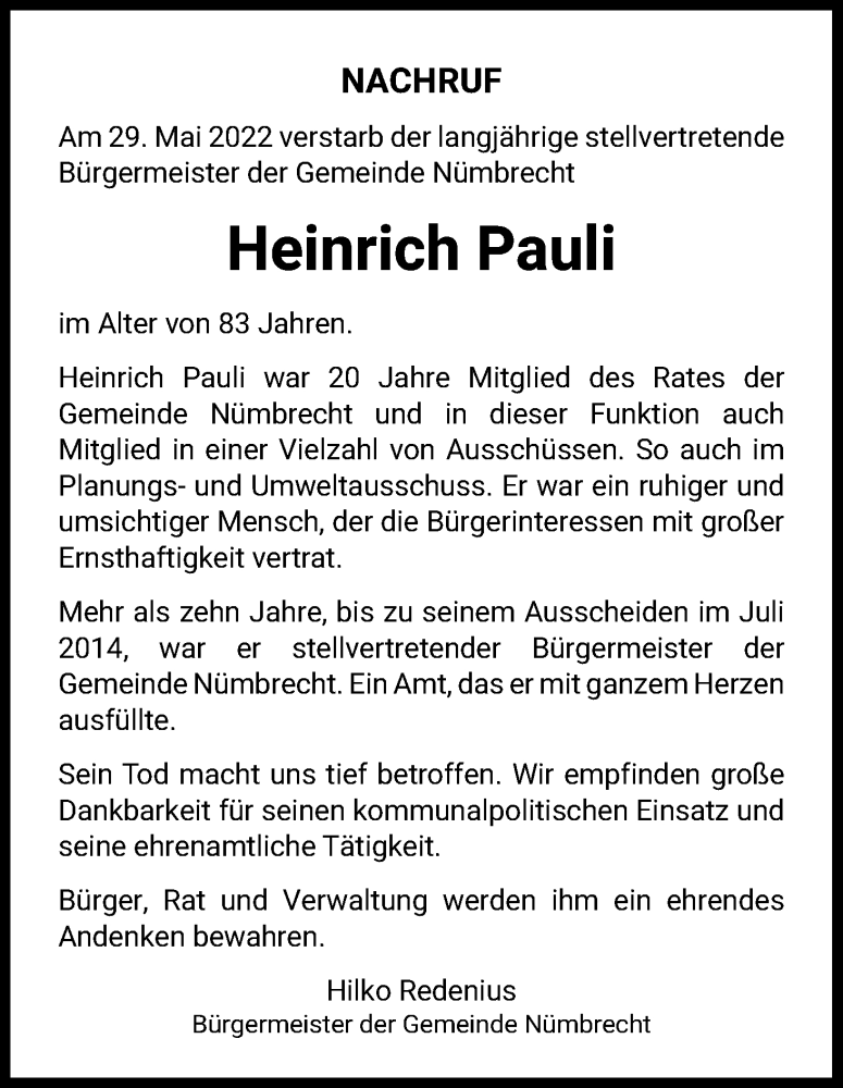 Traueranzeige für Heinrich Pauli vom 04.06.2022 aus Kölner Stadt-Anzeiger / Kölnische Rundschau / Express