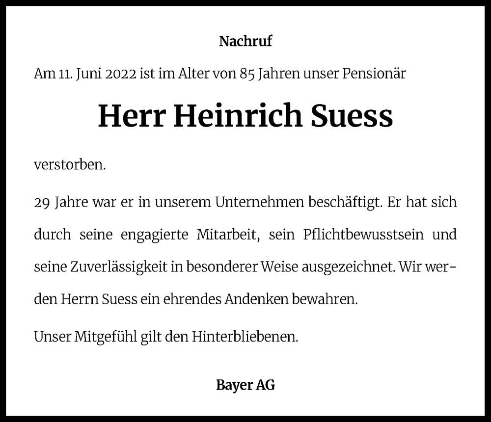  Traueranzeige für Heinrich Suess vom 29.06.2022 aus Kölner Stadt-Anzeiger / Kölnische Rundschau / Express