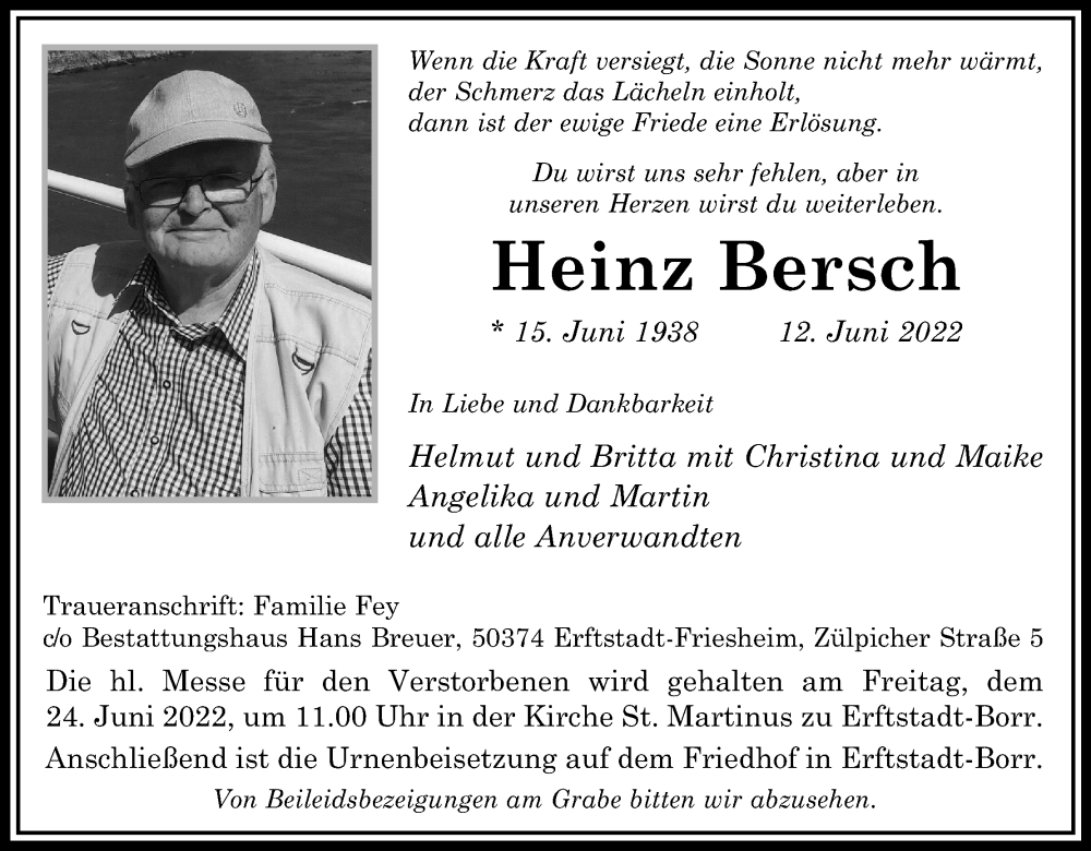  Traueranzeige für Heinz Bersch vom 18.06.2022 aus Kölner Stadt-Anzeiger / Kölnische Rundschau / Express