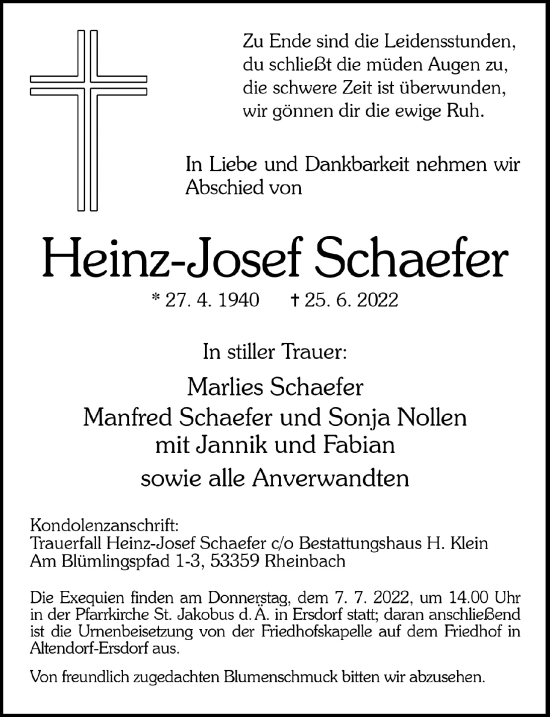 Anzeige von Heinz-Josef Schaefer von  Schaufenster/Blickpunkt 