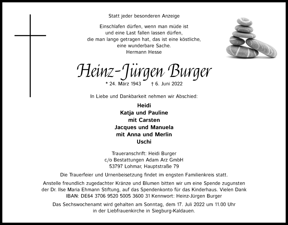  Traueranzeige für Heinz-Jürgen Burger vom 18.06.2022 aus Kölner Stadt-Anzeiger / Kölnische Rundschau / Express