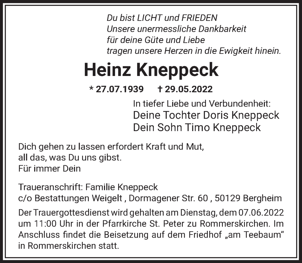  Traueranzeige für Heinz Kneppeck vom 03.06.2022 aus  Werbepost 