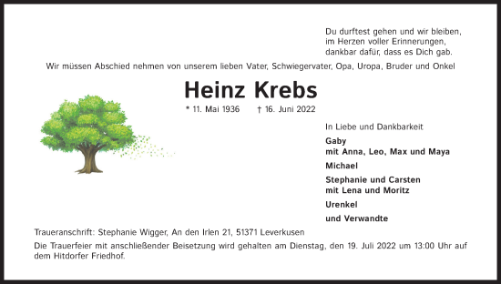Anzeige von Heinz Krebs von Kölner Stadt-Anzeiger / Kölnische Rundschau / Express