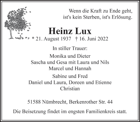 Anzeige von Heinz Lux von  Lokalanzeiger 