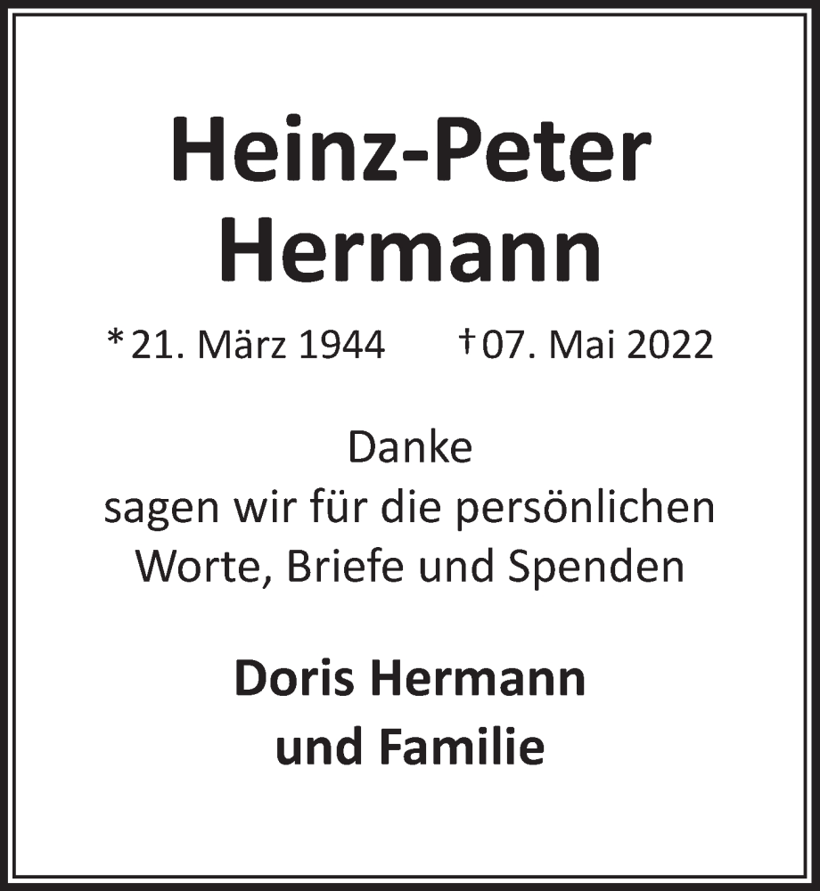  Traueranzeige für Heinz-Peter Hermann vom 17.06.2022 aus  Schaufenster/Blickpunkt 