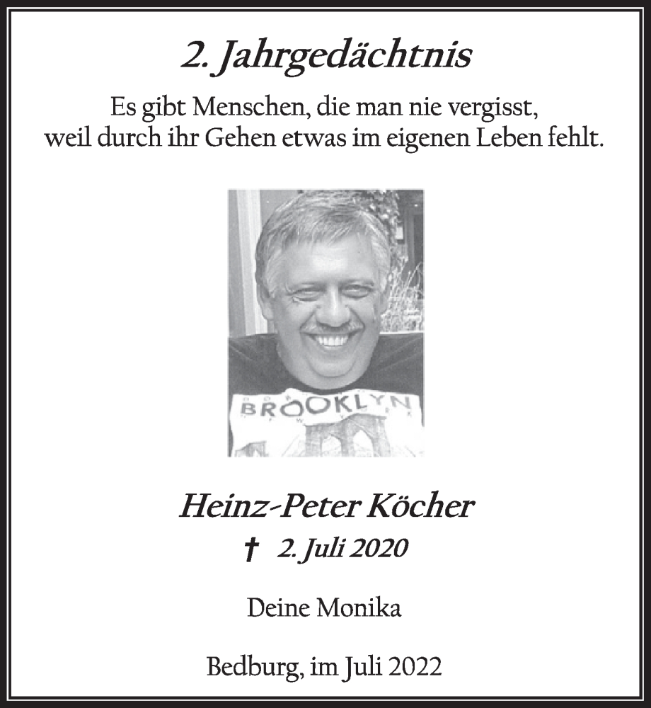  Traueranzeige für Heinz-Peter Köcher vom 01.07.2022 aus  Werbepost 