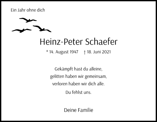Anzeige von Heinz-Peter Schaefer von Kölner Stadt-Anzeiger / Kölnische Rundschau / Express