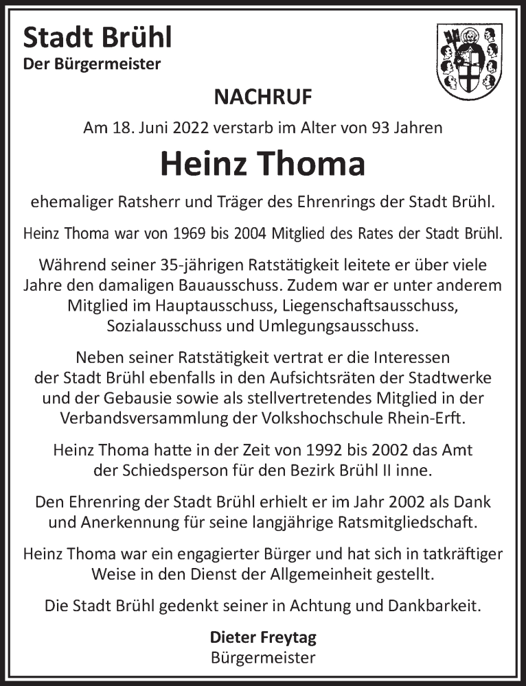 Traueranzeige für Heinz Thoma vom 01.07.2022 aus  Schlossbote/Werbekurier 