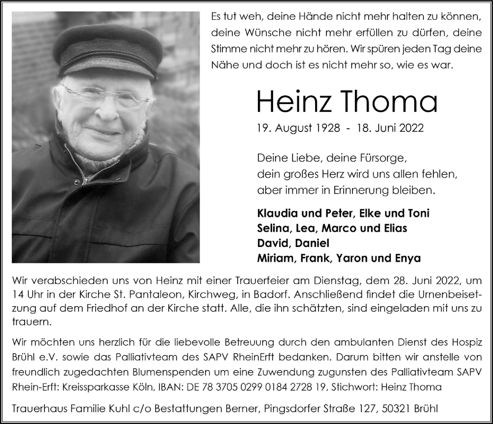  Traueranzeige für Heinz Thoma vom 24.06.2022 aus  Schlossbote/Werbekurier 
