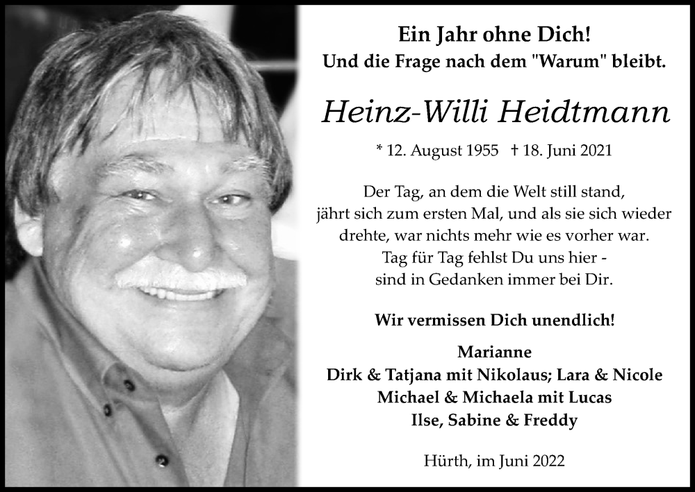  Traueranzeige für Heinz-Willi Heidtmann vom 18.06.2022 aus Kölner Stadt-Anzeiger / Kölnische Rundschau / Express