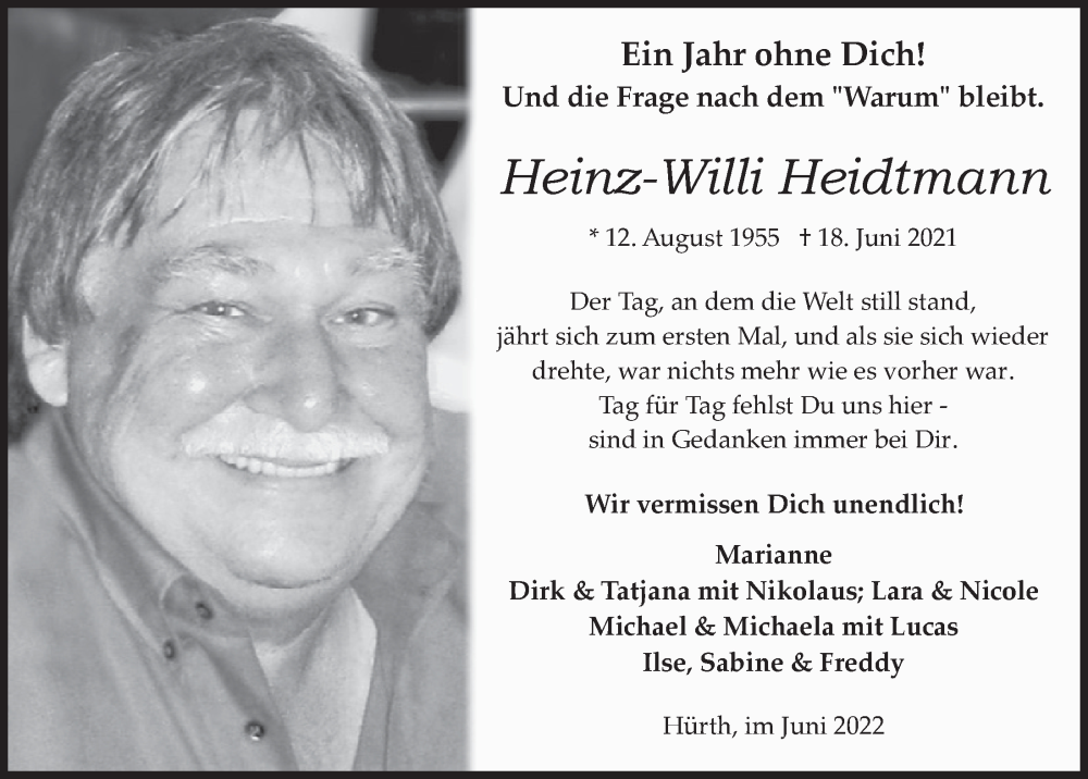  Traueranzeige für Heinz-Willi Heidtmann vom 17.06.2022 aus  Wochenende 