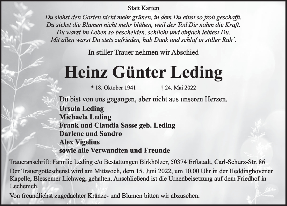  Traueranzeige für Heinz Günter Leding vom 10.06.2022 aus  Werbepost 