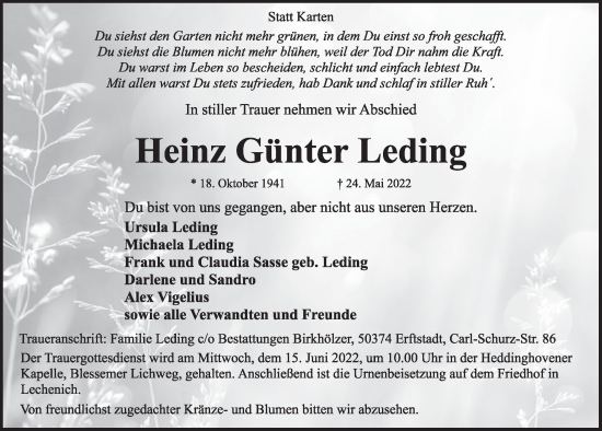 Anzeige von Heinz Günter Leding von  Werbepost 