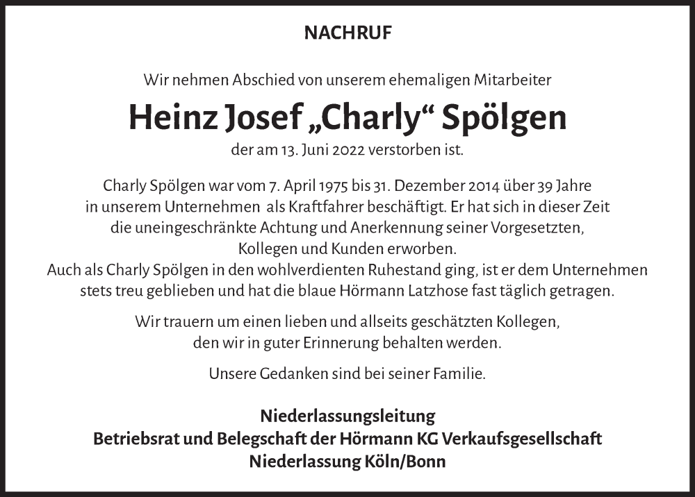  Traueranzeige für Heinz Josef Spölgen vom 01.07.2022 aus  Werbepost 