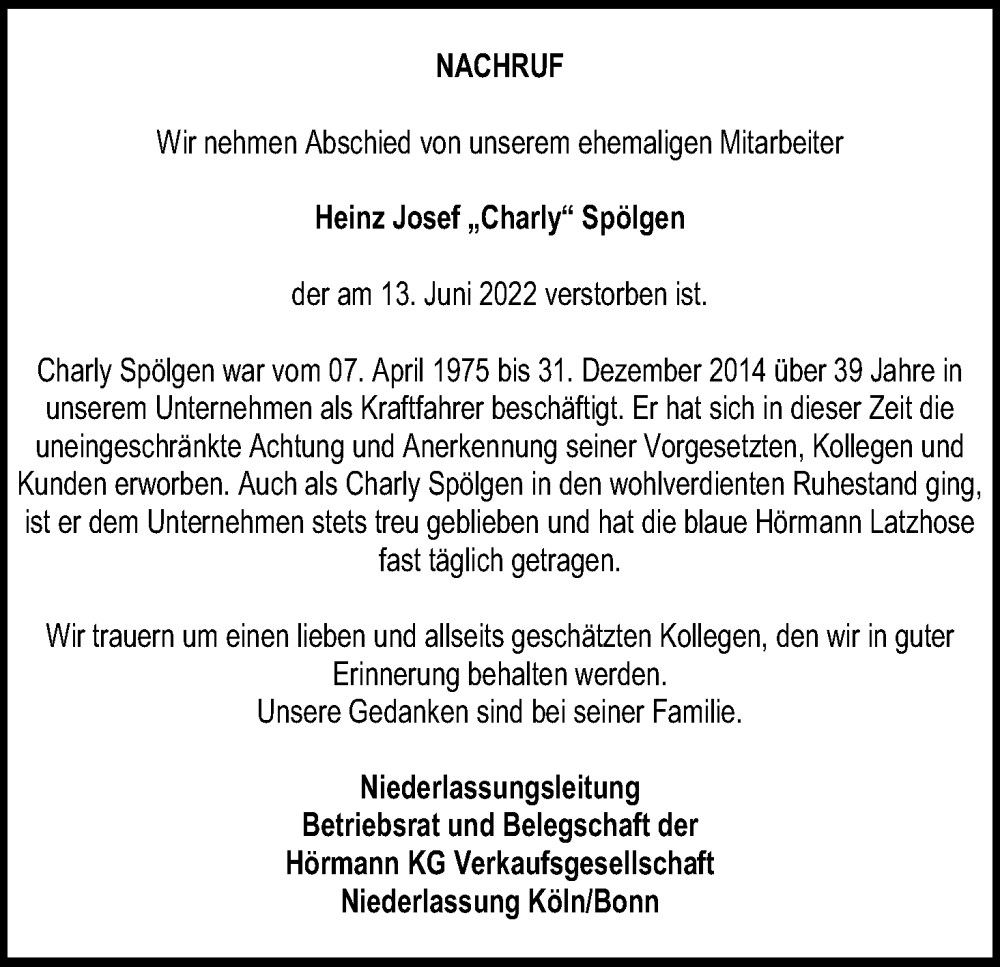  Traueranzeige für Heinz Josef Spölgen vom 30.06.2022 aus Kölner Stadt-Anzeiger / Kölnische Rundschau / Express