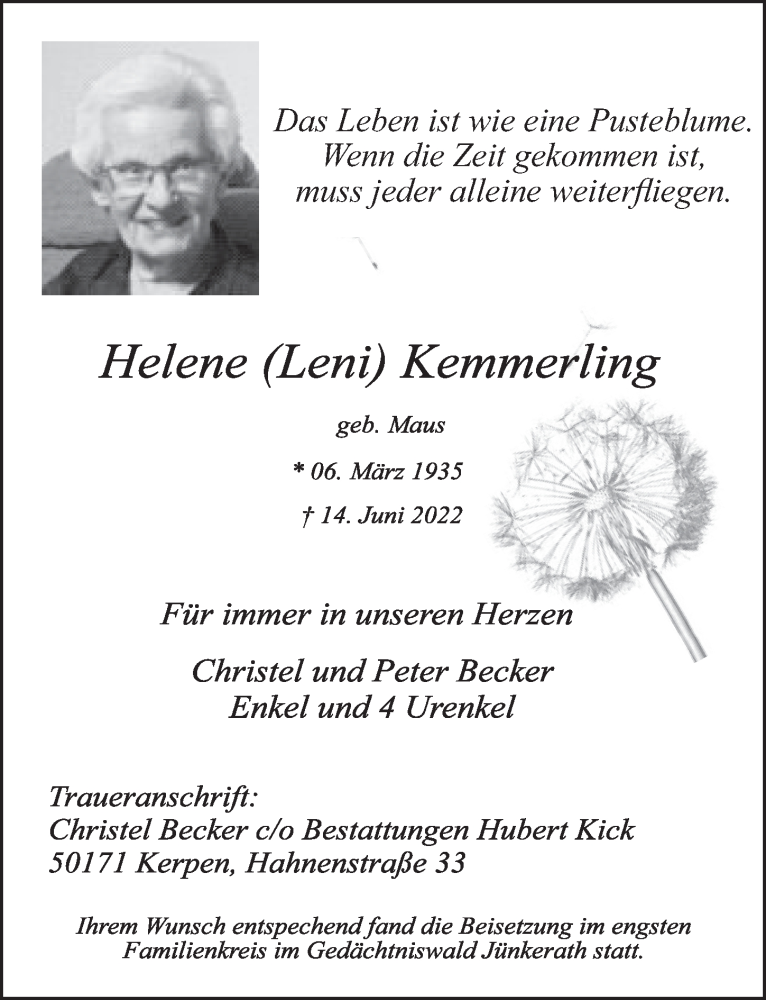  Traueranzeige für Helene Kemmerling vom 24.06.2022 aus  Werbepost 