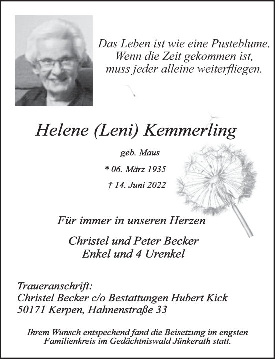 Anzeige von Helene Kemmerling von  Werbepost 