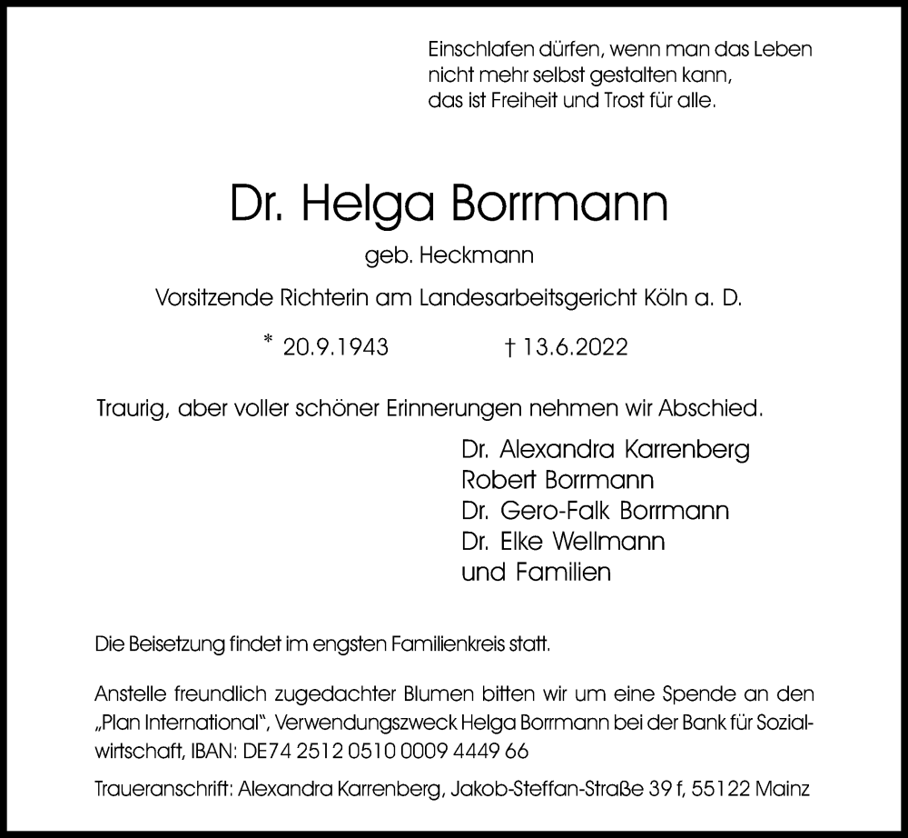  Traueranzeige für Helga Borrmann vom 25.06.2022 aus Kölner Stadt-Anzeiger / Kölnische Rundschau / Express