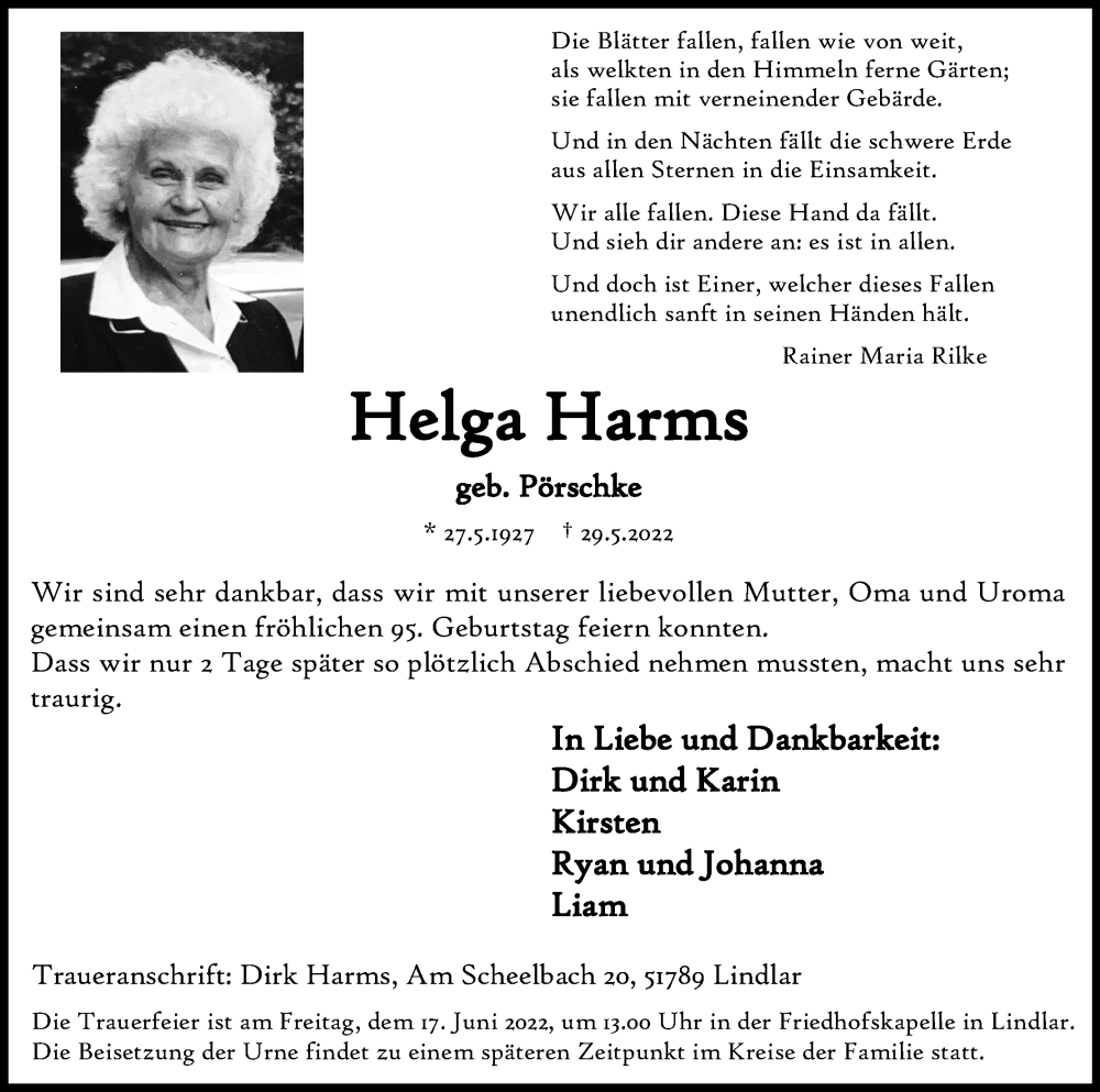  Traueranzeige für Helga Harms vom 11.06.2022 aus Kölner Stadt-Anzeiger / Kölnische Rundschau / Express