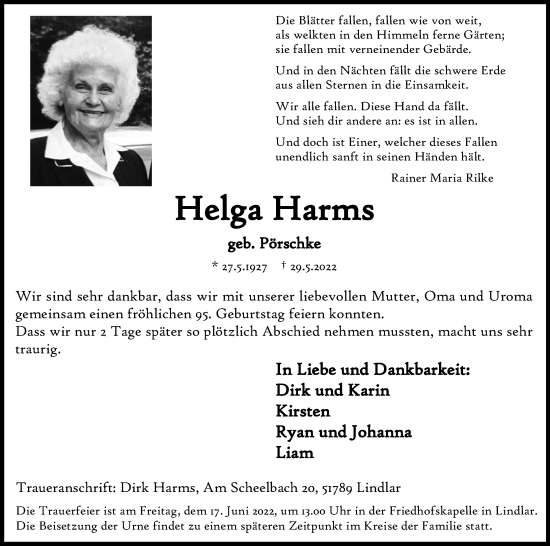 Anzeige von Helga Harms von Kölner Stadt-Anzeiger / Kölnische Rundschau / Express