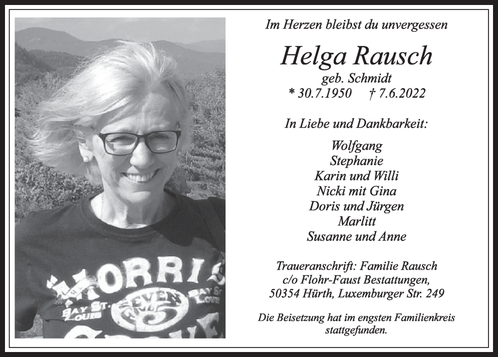  Traueranzeige für Helga Rausch vom 10.06.2022 aus  Wochenende 