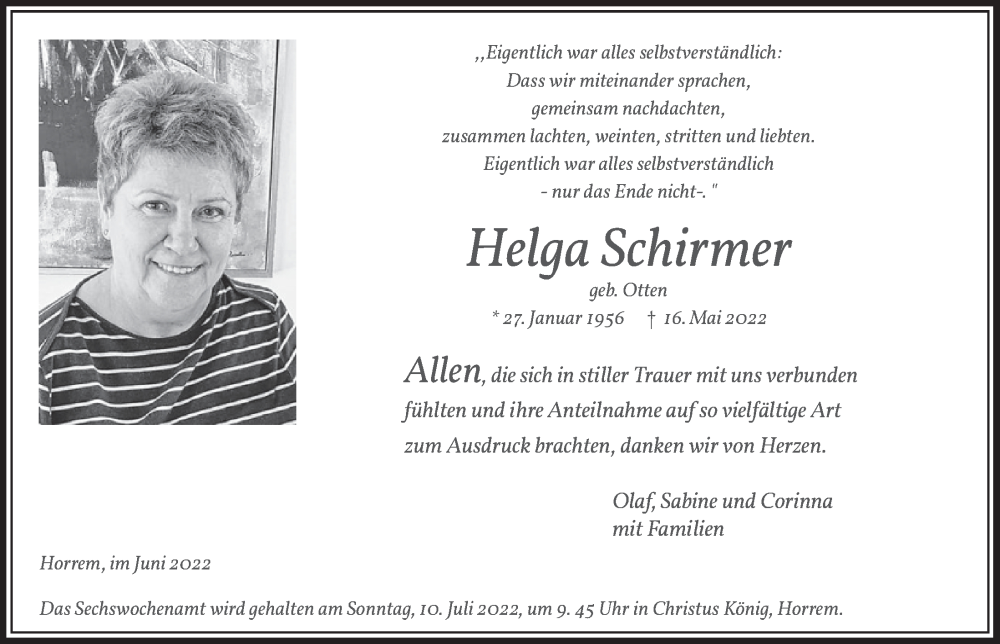  Traueranzeige für Helga Schirmer vom 17.06.2022 aus  Werbepost 