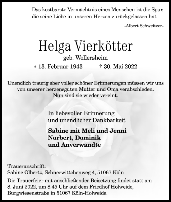 Anzeige von Helga Vierkötter von Kölner Stadt-Anzeiger / Kölnische Rundschau / Express