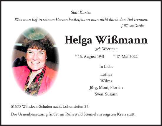 Anzeige von Helga Wißmann von Kölner Stadt-Anzeiger / Kölnische Rundschau / Express