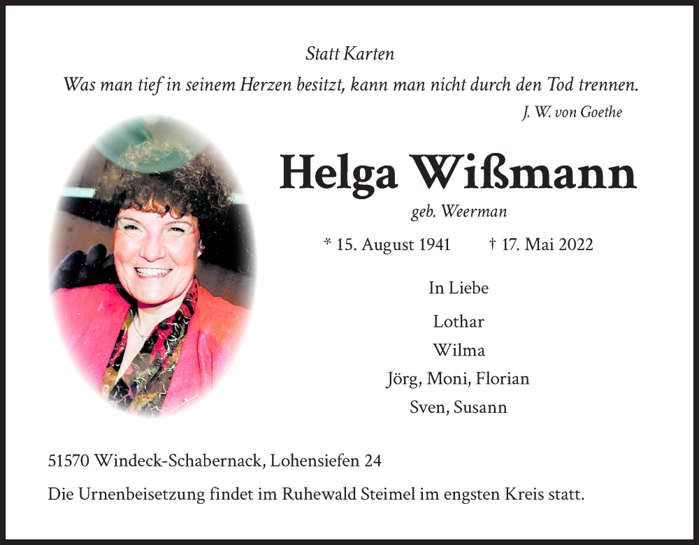  Traueranzeige für Helga Wißmann vom 04.06.2022 aus Kölner Stadt-Anzeiger / Kölnische Rundschau / Express