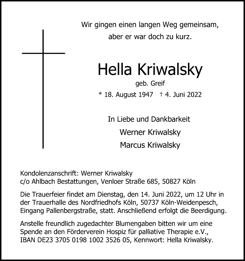  Traueranzeige für Hella Kriwalsky vom 11.06.2022 aus Kölner Stadt-Anzeiger / Kölnische Rundschau / Express