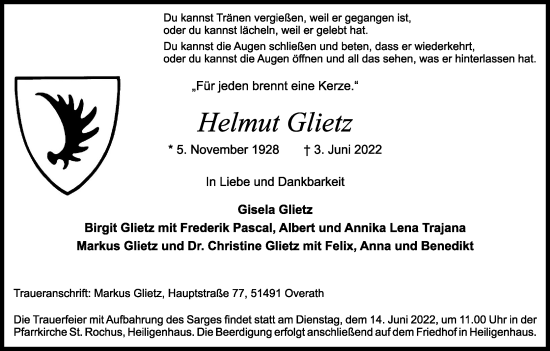 Anzeige von Helmut Glietz von Kölner Stadt-Anzeiger / Kölnische Rundschau / Express