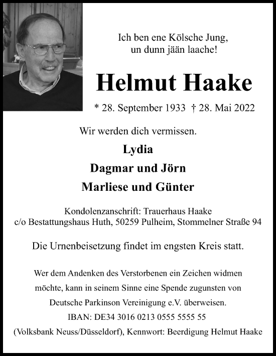 Anzeige von Helmut Haake von Kölner Stadt-Anzeiger / Kölnische Rundschau / Express