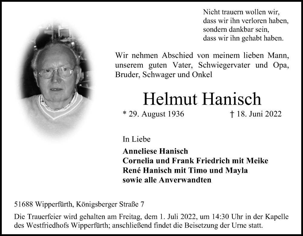  Traueranzeige für Helmut Hanisch vom 25.06.2022 aus Kölner Stadt-Anzeiger / Kölnische Rundschau / Express