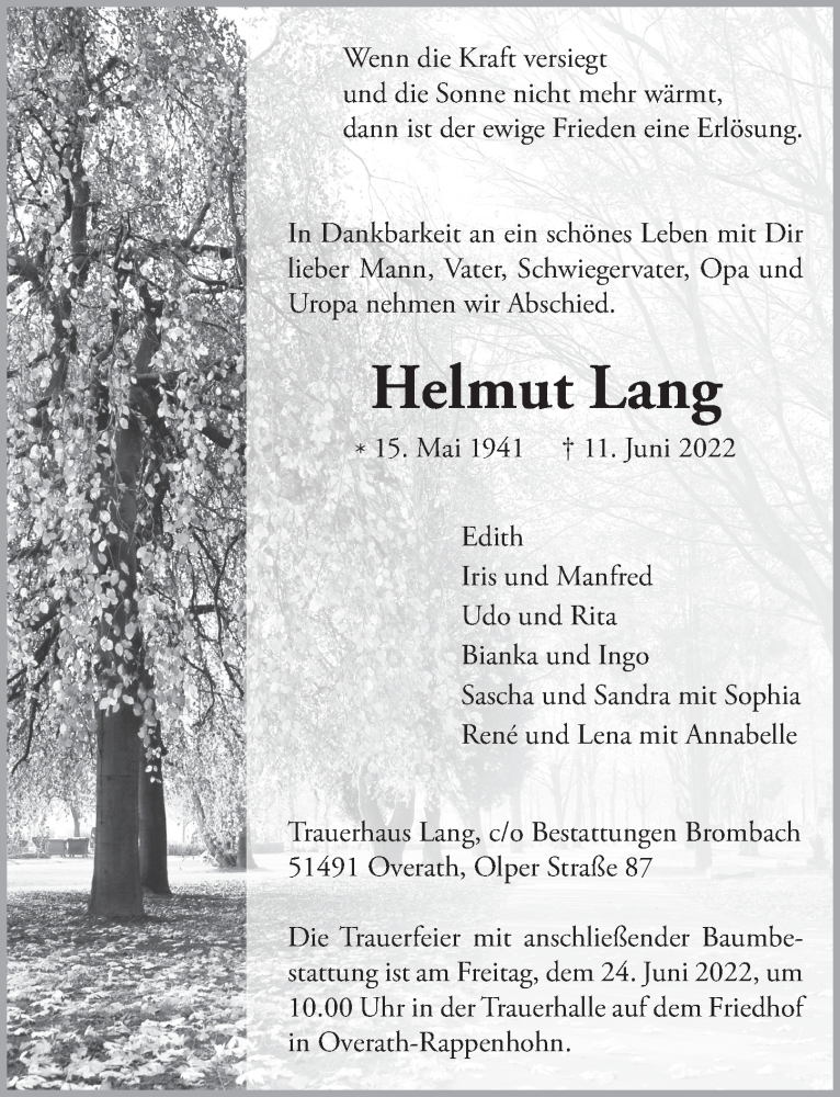  Traueranzeige für Helmut Lang vom 17.06.2022 aus  Bergisches Handelsblatt 