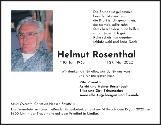 Anzeige von Helmut Rosenthal von Kölner Stadt-Anzeiger / Kölnische Rundschau / Express