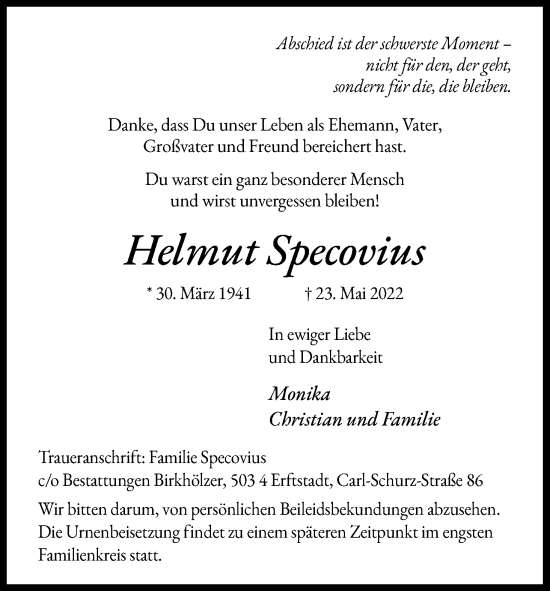Anzeige von Helmut Specovius von Kölner Stadt-Anzeiger / Kölnische Rundschau / Express