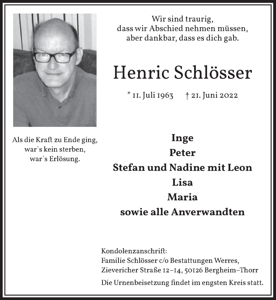 Traueranzeige für Henric Schlösser vom 01.07.2022 aus  Werbepost 