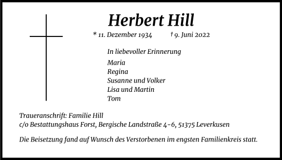 Anzeige von Herbert Hill von Kölner Stadt-Anzeiger / Kölnische Rundschau / Express