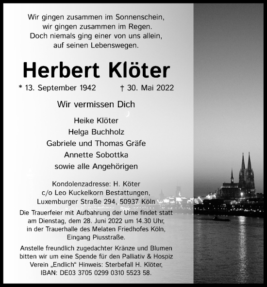 Anzeige von Herbert Klöter von Kölner Stadt-Anzeiger / Kölnische Rundschau / Express