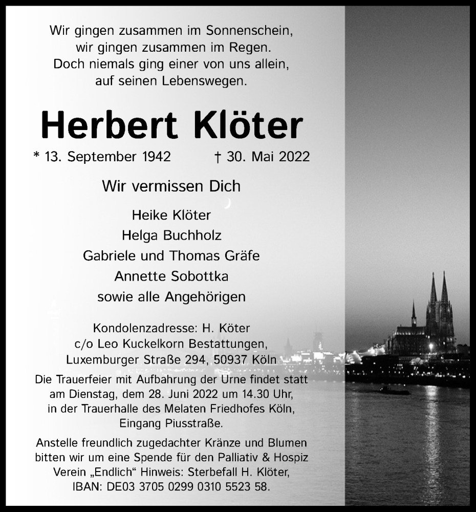  Traueranzeige für Herbert Klöter vom 04.06.2022 aus Kölner Stadt-Anzeiger / Kölnische Rundschau / Express