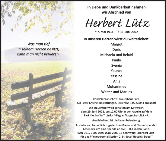 Anzeige von Herbert Lütz von Kölner Stadt-Anzeiger / Kölnische Rundschau / Express