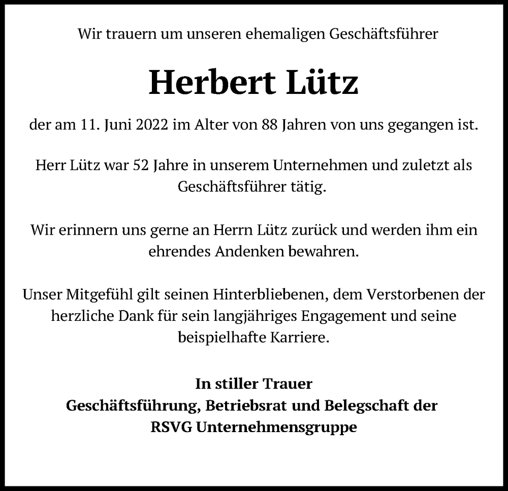  Traueranzeige für Herbert Lütz vom 25.06.2022 aus Kölner Stadt-Anzeiger / Kölnische Rundschau / Express