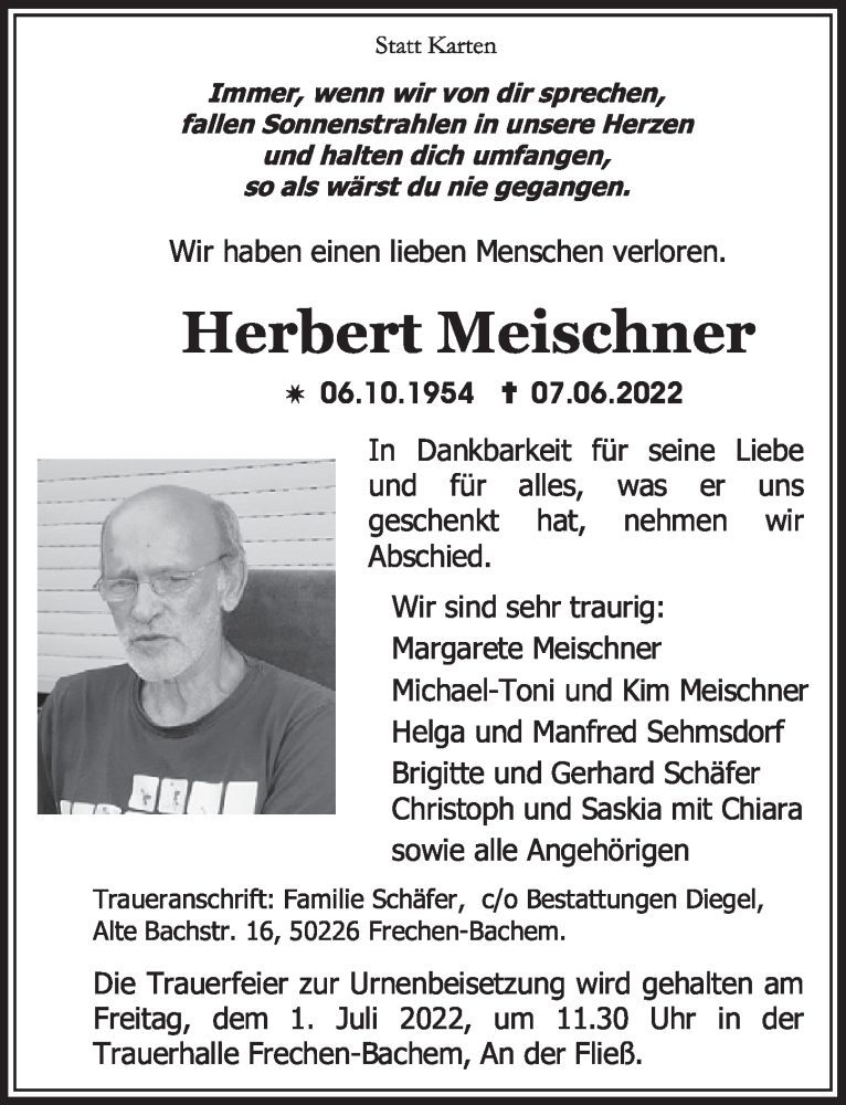  Traueranzeige für Herbert Meischner vom 24.06.2022 aus  Wochenende 