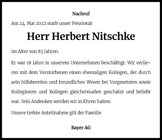 Anzeige von Herbert Nitschke von Kölner Stadt-Anzeiger / Kölnische Rundschau / Express