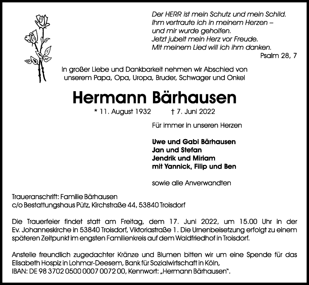  Traueranzeige für Hermann Bärhausen vom 11.06.2022 aus Kölner Stadt-Anzeiger / Kölnische Rundschau / Express