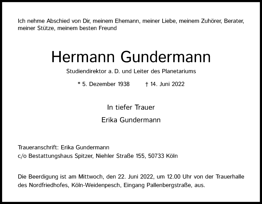  Traueranzeige für Hermann Gundermann vom 18.06.2022 aus Kölner Stadt-Anzeiger / Kölnische Rundschau / Express