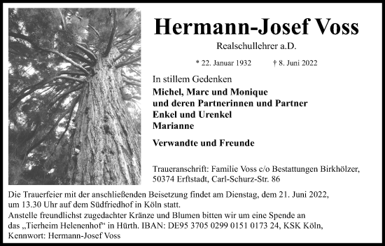 Anzeige von Hermann-Josef Voss von Kölner Stadt-Anzeiger / Kölnische Rundschau / Express